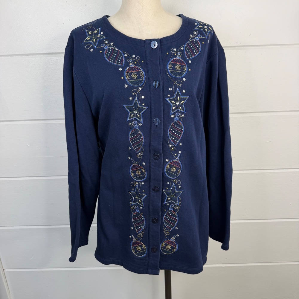 Catherines Liz & Me Navy Blue Holiday Ornament Embroidered Cardigan 2X 22/24W